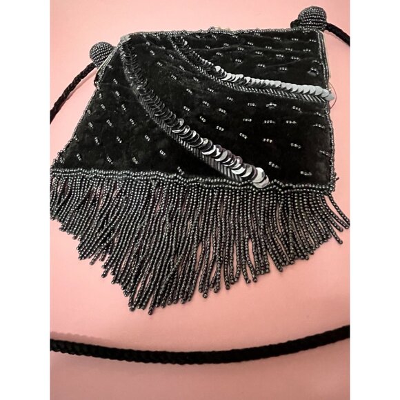 Vintage Black Beaded Evening Purse With Fringe & Long Strap - Picture 7 of 7